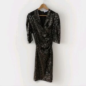 Zara Size Large Bodycon Faux Wrap Black Gold Sparkley Sequin Cocktail Dress
